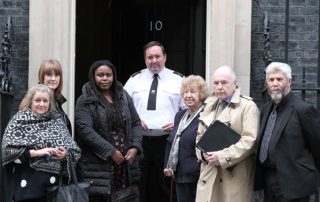 From left; Councillor Alison Butler, Croydon Council’s cabinet member for homes and Gateway services, Sarah Jones, Central Croydon MP, Joan Goodwin, chair of Birmingham City Council’s housing liaison board, Councillor Sharon Thompson, Birmingham City Council cabinet member for homes & neighbourhoods, Jack Dromey, Birmingham Erdington MP and Councillor Jim Steinke, Sheffield City Council cabinet member for neighbourhoods and community safety, having handed the petition to Number 10.