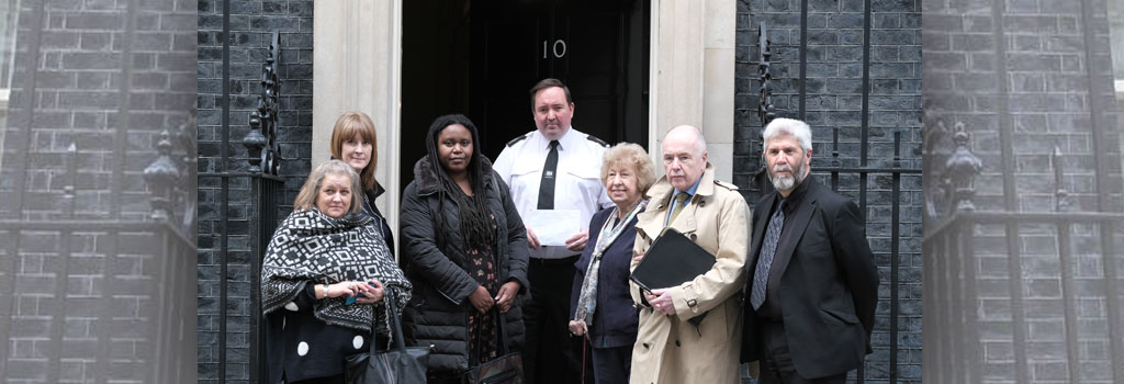 From left; Councillor Alison Butler, Croydon Council’s cabinet member for homes and Gateway services, Sarah Jones, Central Croydon MP, Joan Goodwin, chair of Birmingham City Council’s housing liaison board, Councillor Sharon Thompson, Birmingham City Council cabinet member for homes & neighbourhoods, Jack Dromey, Birmingham Erdington MP and Councillor Jim Steinke, Sheffield City Council cabinet member for neighbourhoods and community safety, having handed the petition to Number 10.