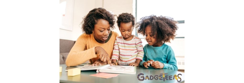 Female parent and children reading