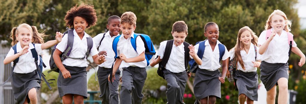A picture of primary school children in school uniform looking cheerful and upbeat.