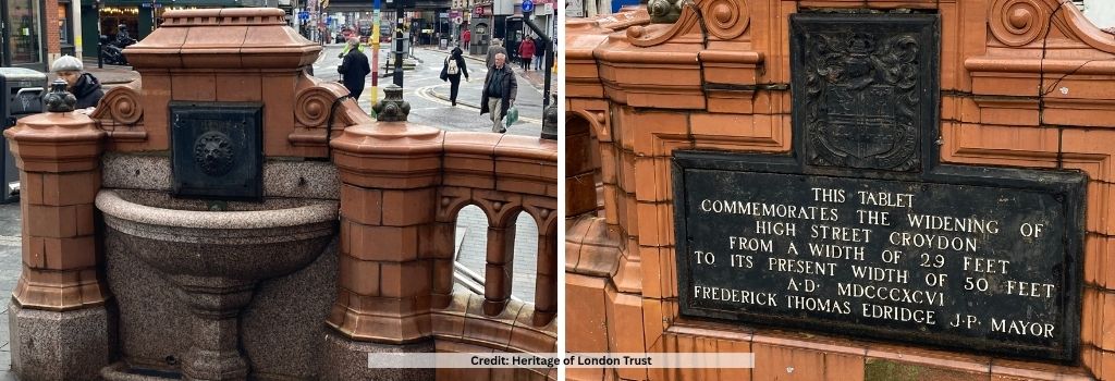 Photos of the landmark Victorian drinking fountain and commemorative plaque on the corner of the High Street and Surrey Street in central Croydon.