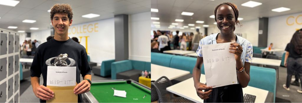 Photos of students holding their A-level result certificates