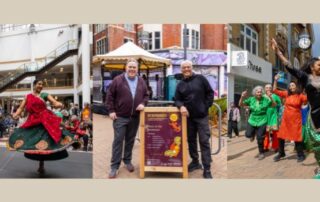 A collage of photos from Suprised! festival with dancers. The middle photo shows Mayor Perry with Shri Sriram, a composer and musician who programmed the music at the bandstand.