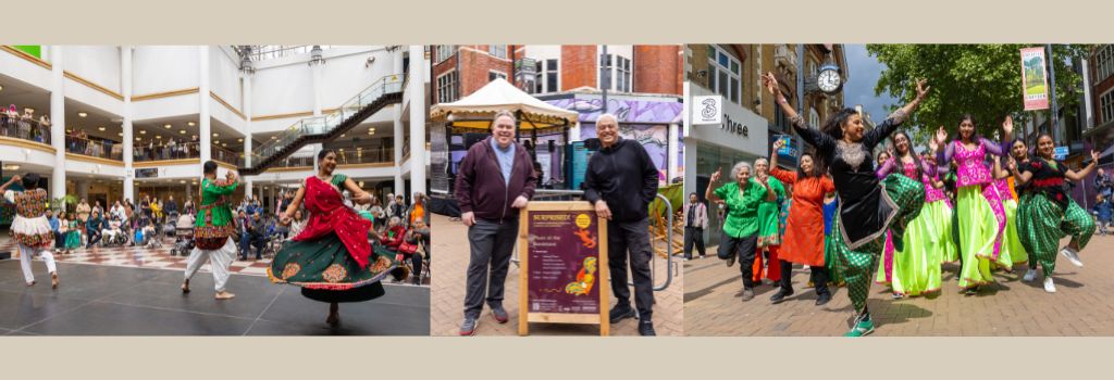 A collage of photos from Suprised! festival with dancers. The middle photo shows Mayor Perry with Shri Sriram, a composer and musician who programmed the music at the bandstand.