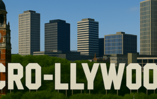 AI generated CRO-llywood sign in front of the Croydon skyline.