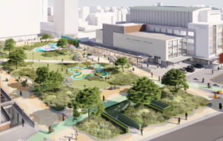 Architects drawing of the proposed aerial view of a new parkland in College Green with green spaces, trees, play areas and pathways in between Croydon College and Farifield Halls.